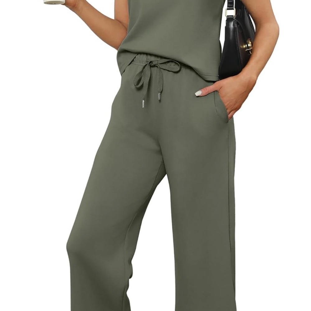 Sampeel Olive Green Lounge Set XL Sleeveless Top & Wide Leg Pants NWT